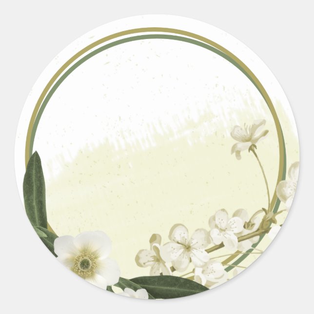gold and white flowers greenery wedding classic round sticker (Front)