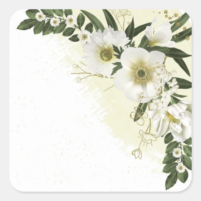 gold and white flowers greenery wedding square sticker (Front)