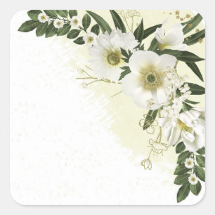 gold and white flowers greenery wedding square sticker