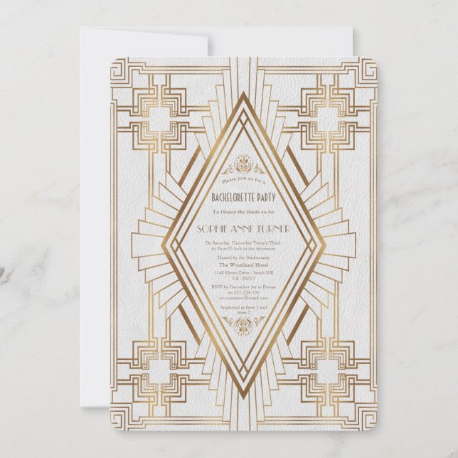 Gold and White Great Gatsby Bachelorette Party Invitation (Front)