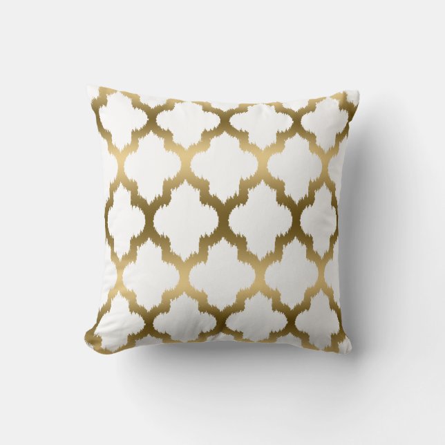 Gold And White Ikat Quatrefoil Geometric Pattern Throw Pillow (Front)