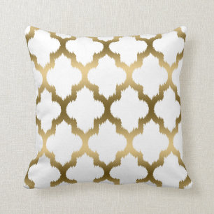 Gold And White Ikat Quatrefoil Geometric Pattern Throw Pillow