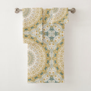 Gold and White Mandala Pattern with Teal Accents Bath Towel Set