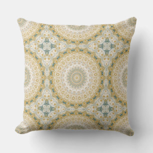 Gold and White Mandala Pattern with Teal Accents Throw Pillow
