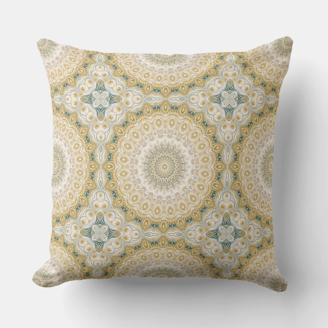 Gold and White Mandala Pattern with Teal Accents Throw Pillow (Front)