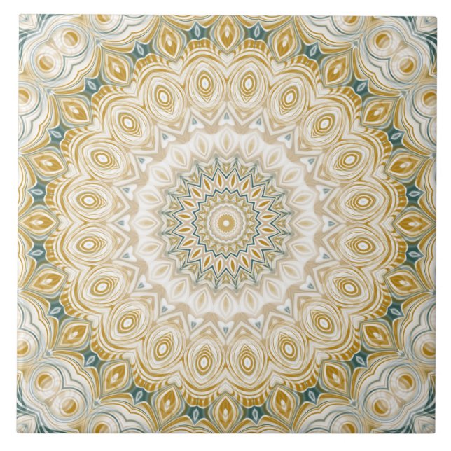 Gold and White Mandala Pattern with Teal Accents Tile (Front)