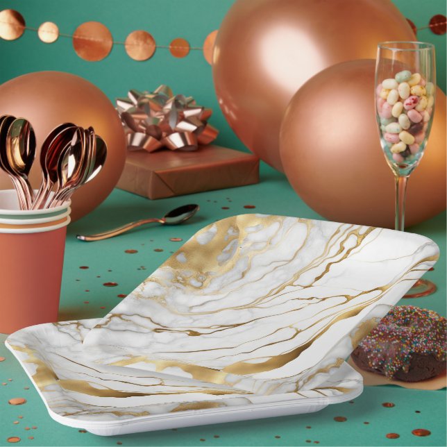 Gold and White Marble Abstract Paper Plate (Multi)