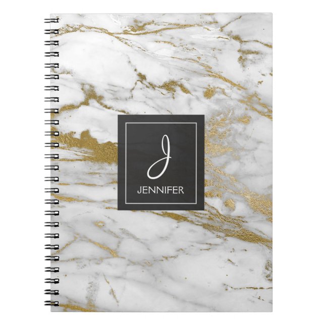 Gold and White Marble Monogram Notebook (Front)