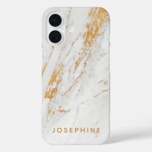 Gold and White Marble Pattern Personalized Name iPhone 16 Case