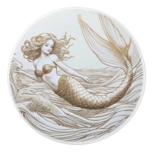 Gold and White Mermaid & Ocean Waves Left facing Ceramic Knob