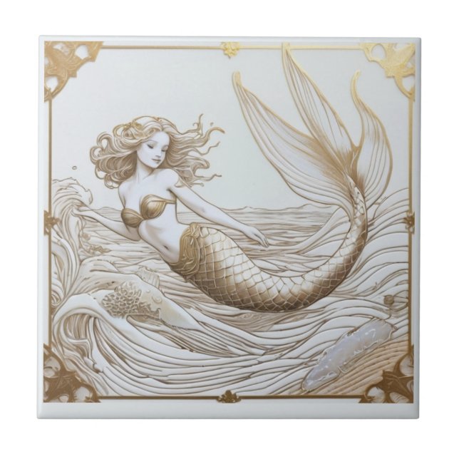Gold and White Mermaid & Ocean Waves Right facing Tile (Front)