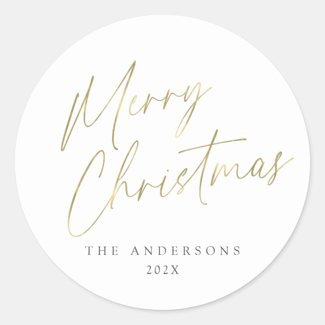 Gold and White Merry Christmas Script Photo Classic Round Sticker (Front)