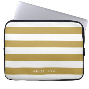 Gold and White Modern Striped Pattern Custom Name Laptop Sleeve