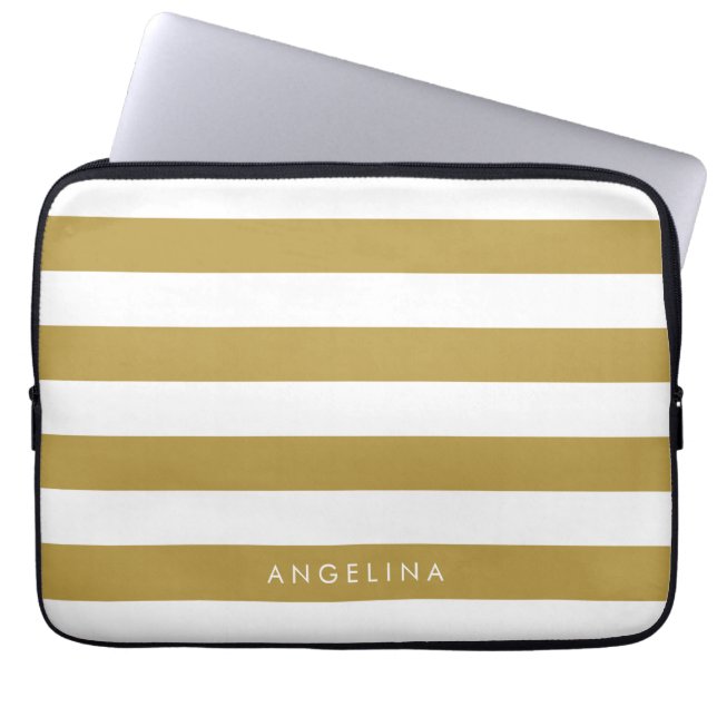 Gold and White Modern Striped Pattern Custom Name Laptop Sleeve (Front)