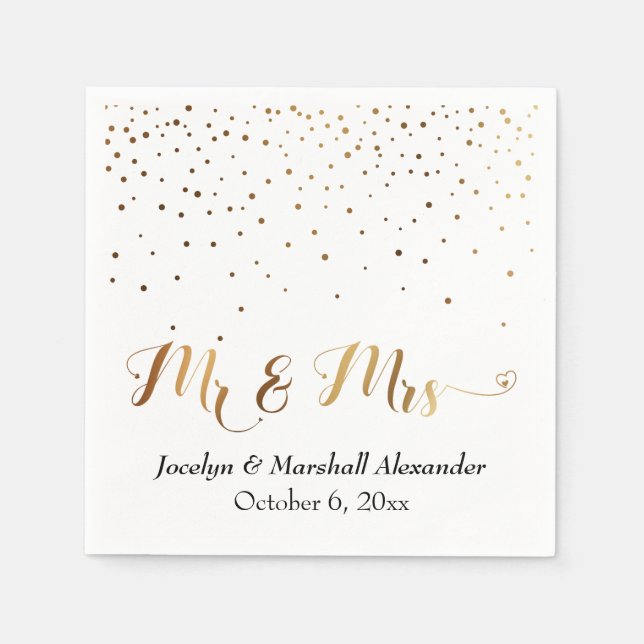Gold and White Mr & Mrs Heart Script Confetti Napkin (Front)