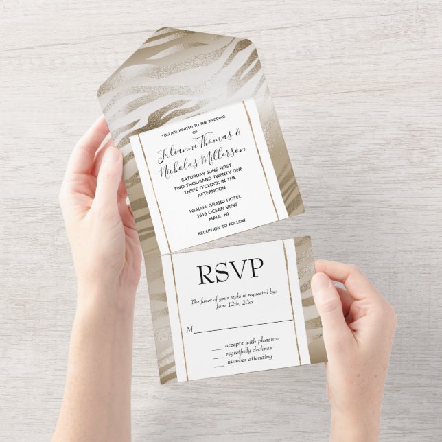 Gold and White Ombre Zebra Animal Print All In One Invitation (Tearaway)