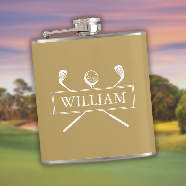 Gold And White Personalized Name Clubs And Ball Hip Flask (Gold And White Personalized Name Clubs And Ball Flask)