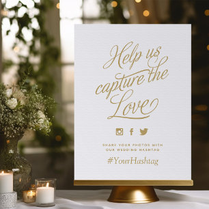 Gold and White Personalized Wedding Hashtag Sign