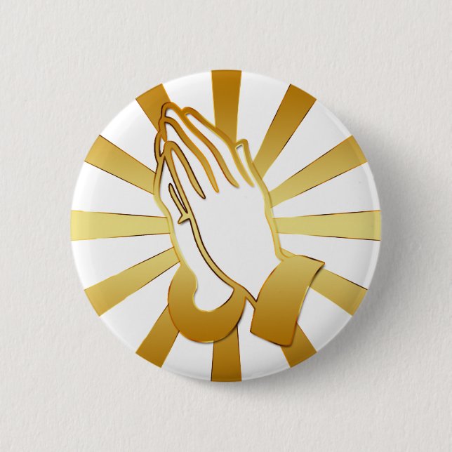 GOLD AND WHITE PRAYING HANDS 2 INCH ROUND BUTTON (Front)