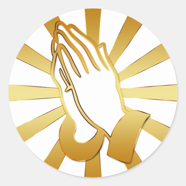 GOLD AND WHITE PRAYING HANDS CLASSIC ROUND STICKER (Front)