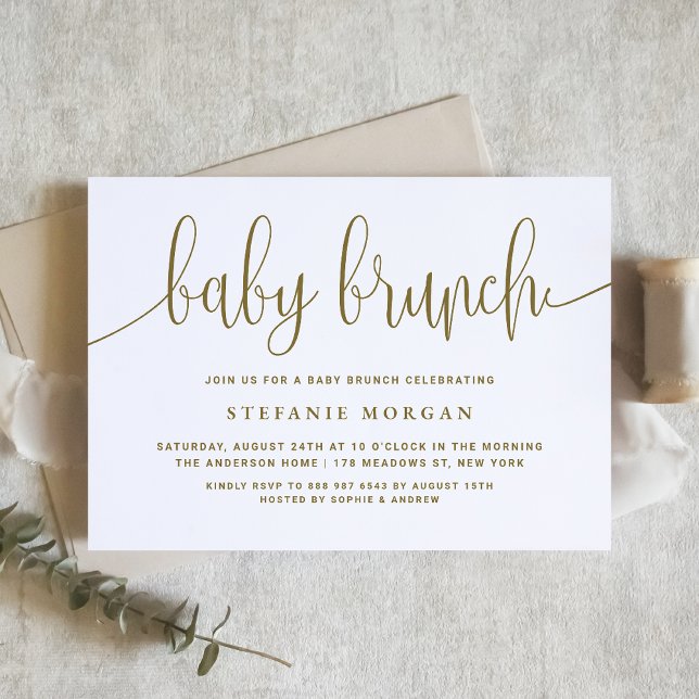 Gold and White Pretty Calligraphy Baby Brunch Invitation (Creator Uploaded)