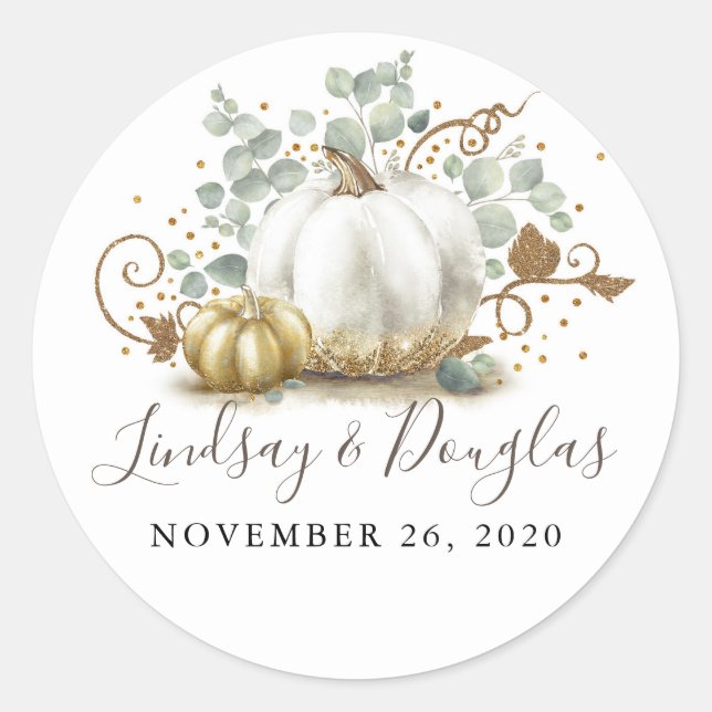 Gold and White Pumpkin Fall Wedding Classic Round Sticker (Front)