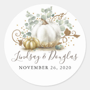 Gold and White Pumpkin Fall Wedding Classic Round Sticker