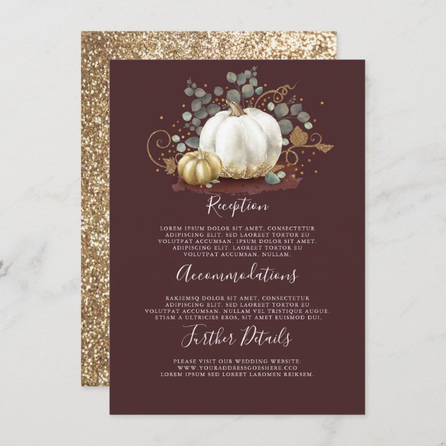 Gold and White Pumpkin Wedding Details Information Enclosure Card (Front/Back)