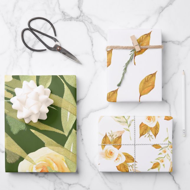 Gold and White Roses and Foliage Assorted Wrapping Paper Sheet (Front)