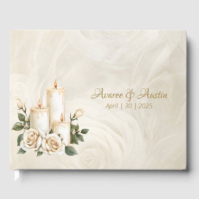 Gold and White Roses Candlelight Guest Book (Front)