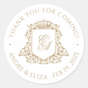 Gold and White Royal Monogram Crest Wedding Classic Round Sticker