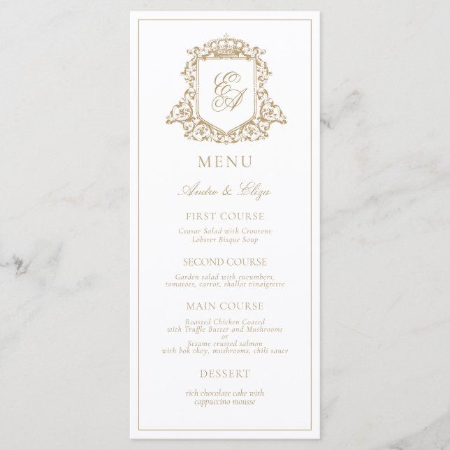 Gold and White Royal Monogram Crest Wedding  Menu (Front)