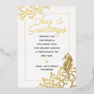 Gold and White Seas & Greetings Nautical Christmas Foil Holiday Card