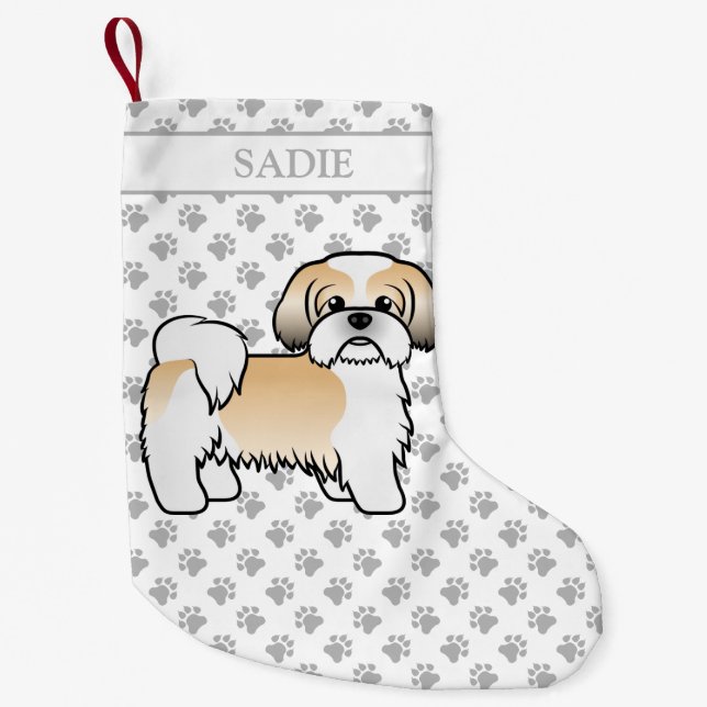 Gold And White Shih Tzu Cartoon Dog & Name Small Christmas Stocking (Front)