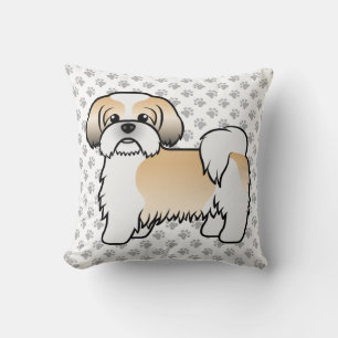Gold And White Shih Tzu Cute Cartoon Dog & Paws Throw Pillow