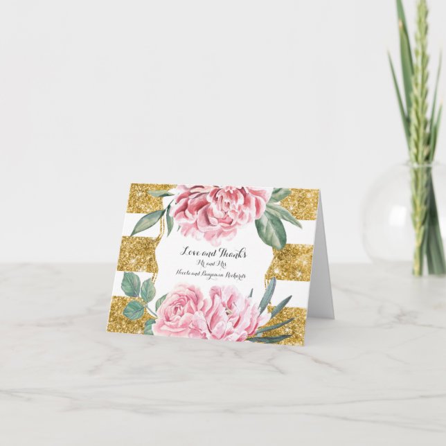 Gold and White Stripes Floral Wedding Thank You (Front)