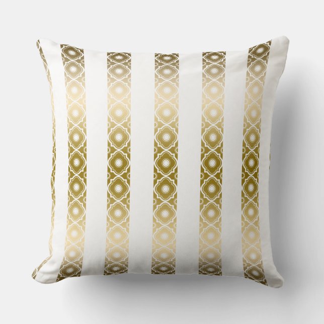 Gold And White Stripes & Quatrefoil Geometric 2 Throw Pillow (Front)
