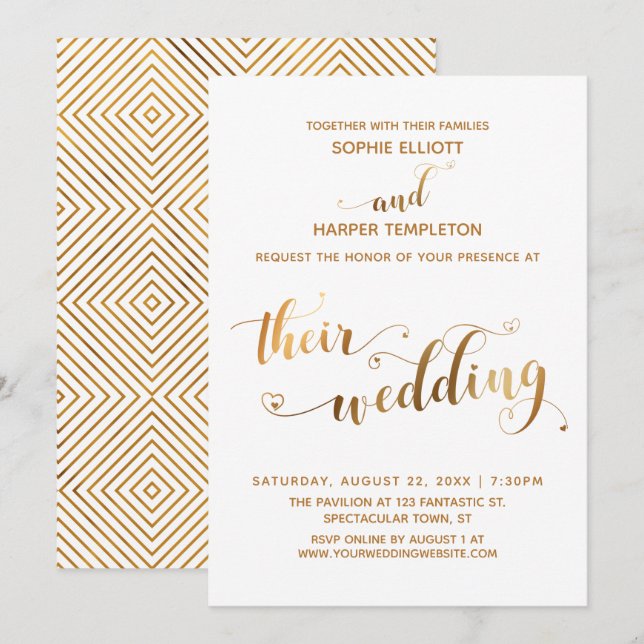 Gold and White Their Wedding Typography w/ Hearts Invitation (Front/Back)