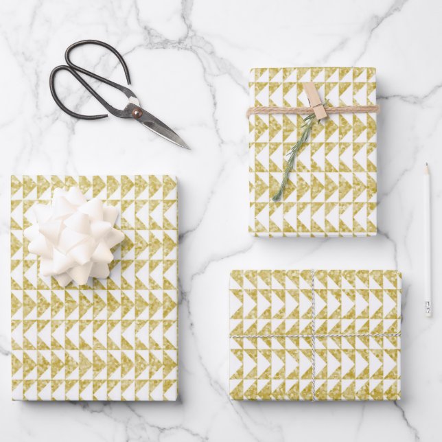 Gold and White Triangles Pattern Wrapping Paper Sheet (Front)