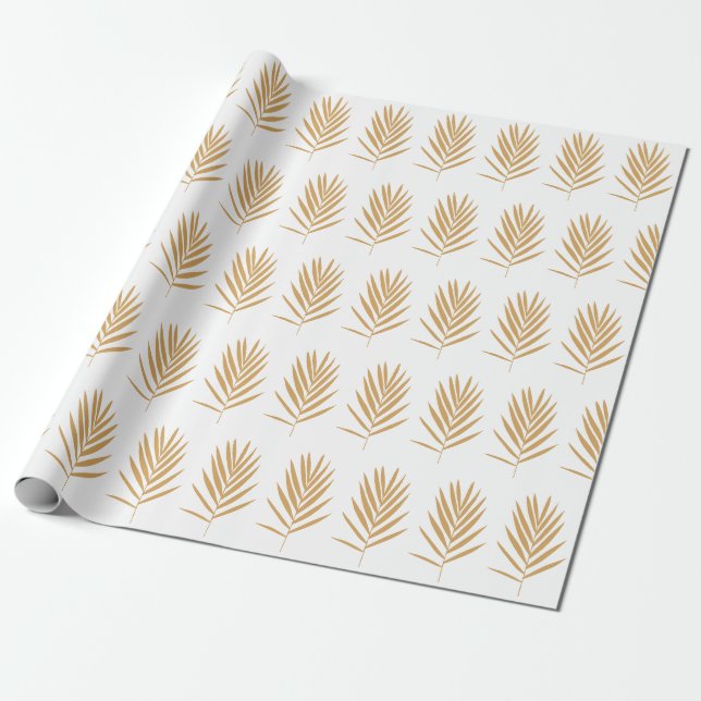 Gold and White Tropical Palm Leaves Pattern Wrapping Paper (Unrolled)