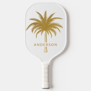 Gold and White Tropical Palm Tree Pickleball Paddle