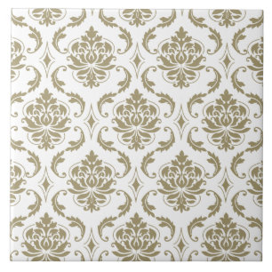 Gold and White Vintage Damask Pattern Tile