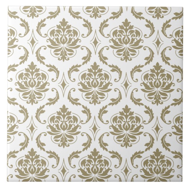 Gold and White Vintage Damask Pattern Tile (Front)