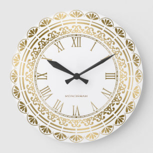 Gold And White Vintage Floral Design Large Clock