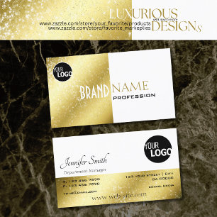 Gold and White with Glittery Stars Logo Elegant Business Card