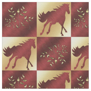 Gold and Wine Horse Print Blocks Fabric