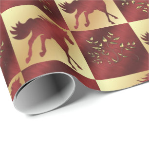 Gold and Wine Horse with Gold Leaves Wrapping Paper