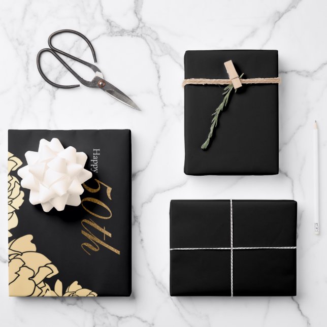 Gold and yellow 50th anniversary  wrapping paper sheet (Front)