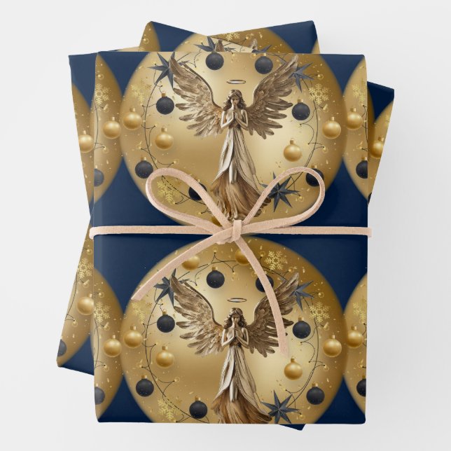 Gold Angel Blue Black Christmas Wreath Wrapping Paper Sheet (In situ)