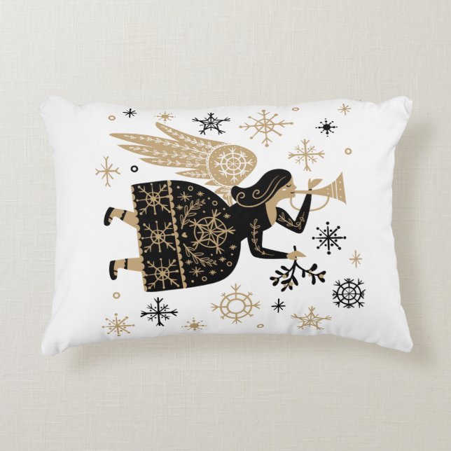Gold Angel Stars Christmas Carol Folkart Accent Pillow (Front)